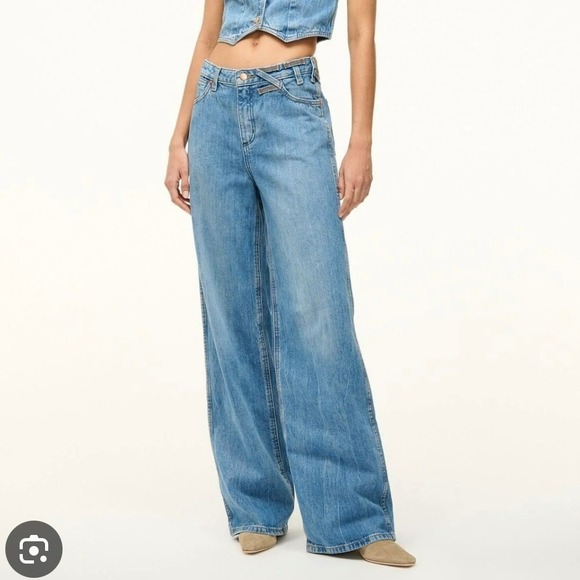 Staud x Wrangler Loose Fit Jeans Women 30 x 34 Mid Blue Wide Leg 100% Cotton - Picture 1 of 15